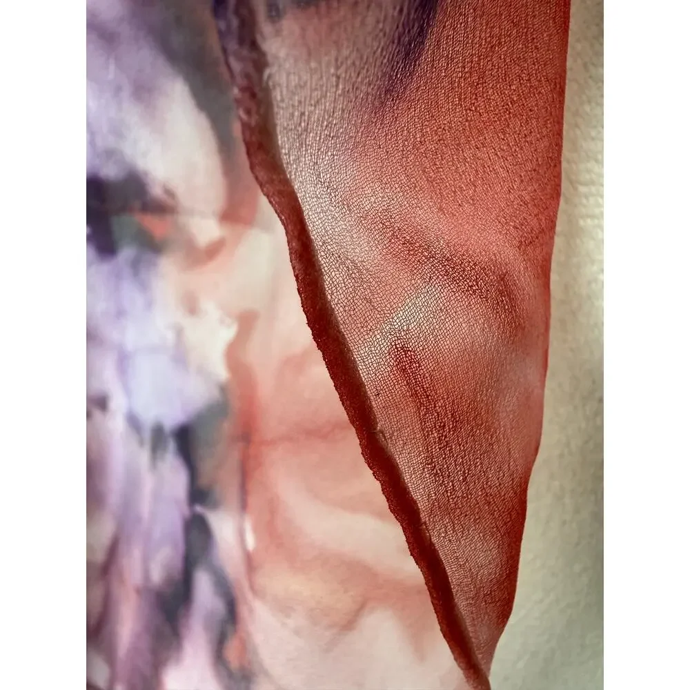 Hand Rolled Silk Chiffon Scarf Purple Pink Watercolor Tie Dye 68x19‎